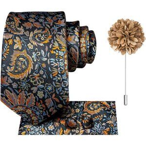 Mens Silk Ties and Flower Lapel Pin Pocket Square Cufflinks Set 4PCS Necktie
